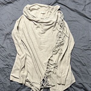 Tea n Rose Beige Cowl Neck Sweater with Side Fringe